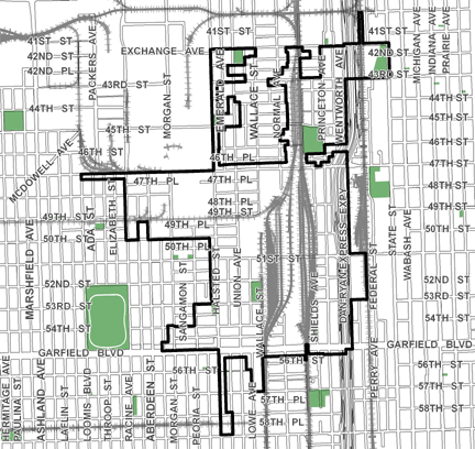 47th/Halsted TIF district, roughly bounded on the north by 41st Street, 59th Street on the south, State Street on the east, and Loomis Boulevard on the west.